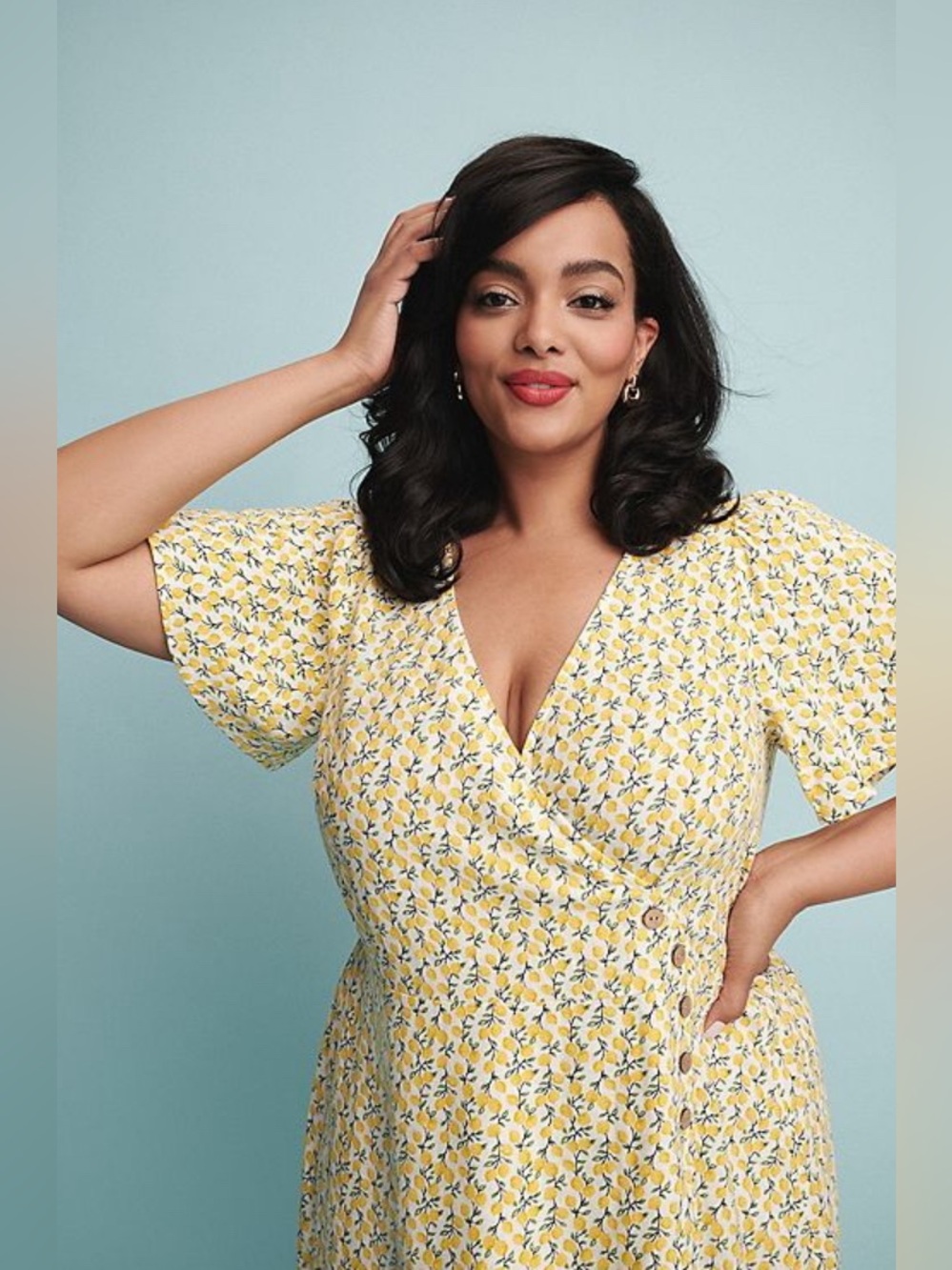 NEW…Lc Lauren Conrad Lemon Floral Button Wrap Dress - Picture 3 of 6